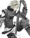  aqua_eyes chain chains male nier nier_(character) serori simple_background solo sword weapon white_hair 