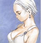  blue_background buckle cleavage earrings range_murata simple_background white_hair 