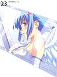  angel_wings artbook bare_shoulders blue_hair blush duplicate elbow_gloves gloves green_eyes highres kuuchuu_yousai nanael queen&#039;s_blade queen's_blade reflection scan short_hair wings 