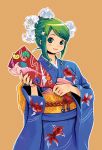  flower forehead_jewel green_eyes green_hair highres japanese_clothes kimono long_sleeves nail_polish nomura_ryouji simple_background solo 