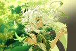 1girl bare_shoulders blurry braid bug butterfly butterfly_on_hand dappled_sunlight depth_of_field floating_hair french_braid genshin_impact green_eyes green_theme hand_up highres index_finger_raised katcmanga long_hair nahida_(genshin_impact) nature parted_lips profile signature smile sunlight symbol-shaped_pupils tree upper_body wind 