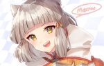  1girl :d animal_ear_fluff animal_ears brown_eyes capelet cat_ears edamameoka grey_hair highres hood hood_down hooded_capelet looking_at_viewer nia_(xenoblade) smile solo teeth upper_body upper_teeth white_capelet xenoblade_chronicles_(series) xenoblade_chronicles_2 