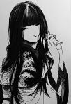  1girl absurdres ameishi ballpoint_pen_(medium) bangs black_hair blunt_bangs hand_in_own_hair highres japanese_clothes kimono long_hair looking_at_viewer monochrome obi original own_hands_together print_kimono sash simple_background solo traditional_media white_background wide_sleeves 
