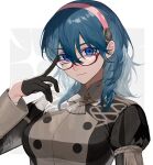  1girl bangs blue_eyes blue_hair breasts byleth_(fire_emblem) byleth_eisner_(female) closed_mouth fire_emblem fire_emblem:_three_houses garreg_mach_monastery_uniform glasses gloves hairband highres itou_(very_ito) large_breasts long_sleeves looking_at_viewer medium_hair official_alternate_costume simple_background smile solo uniform upper_body 
