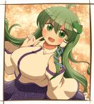  1girl ahoge bare_shoulders blue_skirt blush border breasts detached_sleeves green_eyes green_hair hair_between_eyes highres japanese_clothes kochiya_sanae large_breasts long_hair nontraditional_miko open_mouth rokugou_daisuke signature skirt smile solo touhou upper_body white_border white_sleeves wide_sleeves 