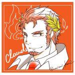  1boy black_eyes blush border character_name claude_(housamo) commentary facial_hair goatee highres laurel_crown long_sideburns looking_to_the_side male_focus mature_male momisuri necktie portrait red_background red_necktie redhead short_hair sideburns smile solo thick_eyebrows tokyo_afterschool_summoners twitter_username white_border 