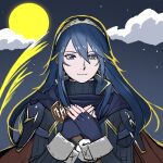  1girl armor blue_eyes blue_hair emblem fakaisoko94 fingerless_gloves fire_emblem fire_emblem_awakening full_moon gloves hands_on_own_chest highres long_hair looking_at_viewer lucina_(fire_emblem) moon night shoulder_armor solo sweater symbol-shaped_pupils tiara turtleneck turtleneck_sweater 