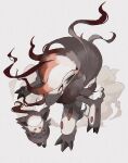  1other animal_ears body_fur bright_pupils claws colored_sclera commentary dust from_above full_body fur_collar furry half-closed_eyes highres hisuian_zoroark hisuian_zorua long_hair looking_at_viewer looking_up multicolored_hair other_focus pokemon pokemon_(creature) red_eyes redhead reo_(mmocc123) simple_background snout standing two-tone_hair white_background white_fur white_hair white_pupils wolf_ears yellow_eyes yellow_sclera 