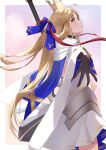  1girl absurdres ahoge artoria_caster_(fate) artoria_caster_(third_ascension)_(fate) artoria_pendragon_(fate) bangs black_gloves blonde_hair blue_ribbon border cape closed_mouth commentary_request crown dress fate/grand_order fate_(series) from_side gloves green_eyes hair_ribbon highres long_hair looking_at_viewer marmyadose_(fate) mini_crown outside_border profile ribbon smile solo twintails very_long_hair weapon white_border white_dress yu_sakae 