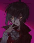  1boy ahoge ascot bangs black_hair blood blood_from_mouth blood_on_face brown_cape cape danganronpa_(series) danganronpa_v3:_killing_harmony hair_between_eyes hand_up highres male_focus nail_polish official_alternate_costume parted_lips pink_background raru_(mqwmguqjc74hecq) red_nails red_vest saihara_shuuichi shiny shiny_hair short_hair solo teeth upper_body vest yellow_eyes 