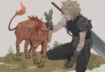  1boy animal armor bandaged_arm bandages bangle belt blonde_hair blue_eyes body_markings bracelet cloud_strife earrings facial_mark feather_hair_ornament feathers final_fantasy final_fantasy_vii final_fantasy_vii_remake flame-tipped_tail flower food full_body gloves grass grey_gloves grey_pants grey_shirt hair_ornament holding holding_food holding_vegetable jewelry looking_at_another male_focus multiple_belts open_mouth orange_fur outdoors pants red_xiii redhead scar scar_across_eye shillo shirt short_hair shoulder_armor single_bare_shoulder single_earring sleeveless sleeveless_turtleneck spiky_hair squatting suspenders turtleneck twitter_username vegetable 