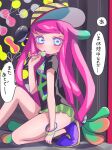  1girl baseball_cap black_shirt blue_eyes blush clenched_hands clownfish commentary_request drooling fish gradient_hair green_hair green_skirt harmony&#039;s_clownfish_(splatoon) harmony_(splatoon) hat highres long_hair low-tied_long_hair miniskirt multicolored_hair open_mouth pink_hair shirt short_sleeves skirt solo speech_bubble splatoon_(series) splatoon_3 striped striped_headwear t-shirt tama_nya tentacle_hair thighs translation_request two-tone_hair 