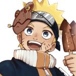  1boy blonde_hair blue_eyes character_request child commentary_request facial_mark food forehead_protector frog_mask looking_at_viewer male_focus nameko_hachikou naruto naruto_(series) ninja open_mouth short_hair smile solo uzumaki_naruto whisker_markings white_background 