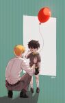  2boys aya_shiro423 balloon bandages belt black_footwear black_hair black_shorts black_socks child crying dated eye_contact green_background hand_up holding holding_balloon kageyama_shigeo looking_at_another mob_psycho_100 multiple_boys reigen_arataka shirt short_hair shorts socks squatting sweatshirt white_shirt white_socks 