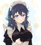  1girl alternate_costume apron bangs black_dress blue_eyes blue_hair blush breasts byleth_(fire_emblem) byleth_eisner_(female) dress fire_emblem fire_emblem:_three_houses flower frilled_apron frills hair_between_eyes long_hair looking_at_viewer maid maid_headdress parted_lips sephikowa simple_background solo upper_body white_apron 