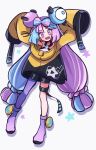 1girl :d arms_up bangs black_shorts blue_hair boots character_hair_ornament commentary_request full_body hair_ornament highres hiisu_(s-1104-d) iono_(pokemon) jacket long_hair open_mouth pantyhose pokemon pokemon_(game) pokemon_sv purple_footwear purple_hair purple_pantyhose sharp_teeth shirt shorts single_leg_pantyhose sleeveless sleeveless_shirt sleeves_past_fingers sleeves_past_wrists smile solo teeth tongue twintails violet_eyes white_shirt yellow_jacket 