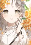  1girl blurry blurry_foreground blush close-up collar commentary_request frilled_collar frills grey_eyes hand_on_own_face highres jewelry necklace original ring silver_nails solo spide_r_(mxpm3455) teeth watch watch white_background 