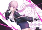  1girl anui bangs black_gloves black_jacket black_ribbon collared_shirt commentary_request danganronpa_(series) danganronpa_3_(anime) from_side gloves hair_ribbon hand_up highres jacket kirigiri_kyouko long_hair long_sleeves multicolored_background official_alternate_hairstyle open_clothes open_jacket pink_eyes ponytail purple_skirt ribbon shirt skirt solo white_shirt 