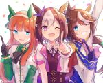 3girls animal_ears arm_up ascot bangs black_gloves blue_eyes blush brown_hair cho_k_(choco_tcl) collared_shirt confetti cropped_jacket ear_bow ear_covers epaulettes gloves grin hand_up highres horse_ears index_finger_raised jacket long_hair long_sleeves looking_at_viewer multicolored_hair multiple_girls one_eye_closed open_mouth orange_hair pink_ascot ponytail puffy_short_sleeves puffy_sleeves reaching_out shirt short_hair short_sleeves signature silence_suzuka_(umamusume) single_epaulette smile special_week_(umamusume) streaked_hair tokai_teio_(umamusume) two-tone_hair umamusume upper_body vest violet_eyes white_background white_shirt 