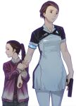  2girls alice_williams android breasts brown_hair closed_mouth detroit:_become_human gun handgun kara_(detroit) multiple_girls ogata_kouji short_hair simple_background weapon white_background 