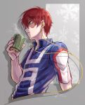  1boy artist_name aya_shiro423 blue_eyes boku_no_hero_academia burn_scar cup dated earphones earphones grey_background holding holding_cup male_focus multicolored_hair redhead scar short_sleeves steam teacup todoroki_shouto two-tone_hair u.a._gym_uniform upper_body white_hair yunomi 