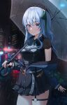  1girl bangs belt blue_belt blue_eyes blue_hair blue_nails blush hair_between_eyes highres holding holding_umbrella hololive hoshimachi_suisei jacket legwear_garter looking_at_viewer medium_hair nersiyan off_shoulder side_ponytail skirt smile solo symbol_in_eye umbrella 