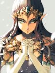  1girl armor artist_name brown_hair dress elbow_gloves ellanotte expressionless gloves green_eyes highres long_hair looking_at_viewer own_hands_together pointy_ears portrait princess princess_zelda shoulder_armor signature solo the_legend_of_zelda the_legend_of_zelda:_twilight_princess tiara white_gloves 