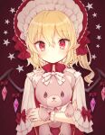  1girl blonde_hair blush bonnet crystal doll_hug flandre_scarlet highres honotai lolita_fashion looking_at_viewer object_hug one_side_up pointy_ears red_eyes simple_background solo star_(symbol) stuffed_animal stuffed_toy sweet_lolita teddy_bear touhou upper_body wavy_hair wings wrist_cuffs 