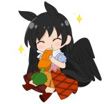  1girl animal_ears bandana black_hair black_wings brown_footwear carrot closed_eyes closed_mouth eating food full_body highres holding holding_food horse_ears horse_tail kurokoma_saki long_hair multicolored_clothes no_headwear pegasus_wings rizleting short_sleeves simple_background solo star_(symbol) tail touhou white_background white_bandana wings 