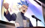  1boy =_(9_yawbus) black_shirt blue_hair clenched_hand commentary cyrus_(pokemon) grey_eyes grey_vest hand_up highres logo looking_down male_focus microphone open_clothes open_mouth open_vest pokemon pokemon_(game) pokemon_dppt shirt short_hair solo spiky_hair team_galactic teeth tongue vest 