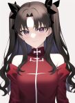  1girl ai-generated bangs bare_shoulders black_bow blush bow breasts brown_hair closed_mouth collar fate/stay_night fate_(series) hair_between_eyes hair_bow long_hair long_sleeves looking_at_viewer medium_breasts ornament red_eyes red_sweater smile solo sweater tohsaka_rin twintails user_zeni white_background 