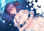  1girl black_ribbon breasts buttons closed_eyes closed_mouth collar dress fate/grand_order fate/stay_night fate_(series) flower hair_ribbon long_hair matou_sakura medium_breasts night purple_hair red_ribbon ribbon short_sleeves smile solo user_cekp8748 water white_dress white_flower 