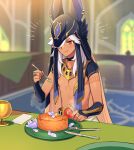  1boy animal_hat bangs black_choker black_headwear blurry blurry_background blush choker commentary_request cyno_(genshin_impact) dark-skinned_male dark_skin eating egyptian_clothes flower food food_on_face fork genshin_impact hair_between_eyes hair_over_one_eye hat holding holding_spoon indoors long_hair male_focus meiji_(meiji770) petals plate purple_flower red_eyes solo spoon steam table twitter_username white_hair 