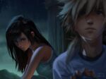  1boy 1girl black_hair blonde_hair cloud_strife dress final_fantasy final_fantasy_vii final_fantasy_vii_remake green_dress highres long_hair looking_at_another looking_up night sad safaiaart shirt sitting spiky_hair tears tifa_lockhart white_shirt 