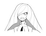  1girl angry collarbone dede_(qwea_00000) diamond_(shape) dress gem greyscale hair_over_one_eye long_hair looking_down lusamine_(pokemon) monochrome pokemon pokemon_(game) pokemon_sm simple_background sleeveless sleeveless_dress solo teeth upper_body very_long_hair white_background 