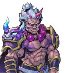  1boy abs armor bangs bead_necklace beads belt black_sclera closed_mouth colored_sclera copyright_request frown grey_hair horns jewelry looking_at_viewer muscular muscular_male necklace phantom_ix_row pink_eyes serious short_hair shoulder_plates simple_background single_horn solo tattoo upper_body white_background 