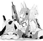  4girls absurdres animal_ear_fluff animal_ears assault_rifle blue_archive crossed_arms ddari fang feet_up fox_ears gloves greyscale gun h&amp;k_hk416 headband headset highres holding holding_gun holding_weapon kurumi_(blue_archive) long_sleeves looking_at_viewer lying magazine_(weapon) monochrome multiple_girls nico_(blue_archive) on_stomach otogi_(blue_archive) rifle school_uniform shotgun simple_background sitting sketch skirt weapon white_background yukino_(blue_archive) 