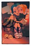  2girls absurdres black_shorts blue_eyes blue_hair book closed_mouth couch drawstring flip-flops green_socks highres holding holding_book hug inari1369 long_hair multiple_girls octarian octoling octoling_girl on_couch one_eye_closed orange_hair pink_socks red_eyes sandals short_sleeves shorts sitting sitting_on_lap sitting_on_person socks splatoon_(series) splatoon_3 suction_cups tentacle_hair white_footwear 