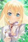  1girl aqua_eyes bangs blonde_hair blurry blurry_background blurry_foreground blush choker coat colette_brunel commentary_request crossed_bangs hair_between_eyes long_hair long_sleeves looking_at_viewer sephikowa smile solo sparkling_eyes tales_of_(series) tales_of_symphonia upper_body 