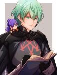  1boy 1girl absurdres armor bangs black_armor black_cape book byleth_(fire_emblem) byleth_eisner_(male) cape chibi closed_mouth commentary commission english_commentary enlightened_byleth_(male) fire_emblem fire_emblem:_three_houses fire_emblem_warriors:_three_hopes gauntlets green_eyes green_hair hair_between_eyes hair_bun hair_over_one_eye highres holding holding_book long_hair looking_at_another on_shoulder one_eye_covered open_book purple_hair shez_(fire_emblem) shez_(fire_emblem)_(female) short_hair sierra117renner single_hair_bun size_difference smile upper_body violet_eyes 