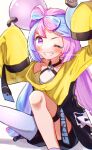 1girl aqua_hair bangs black_shorts blue_hair blurry blush bow-shaped_hair character_hair_ornament chitozen_(pri_zen) commentary_request grin hair_ornament hands_up highres iono_(pokemon) jacket long_hair looking_at_viewer multicolored_hair one_eye_closed pokemon pokemon_(game) pokemon_sv purple_hair sharp_teeth shirt shorts single_leg_pantyhose sleeveless sleeveless_shirt sleeves_past_fingers sleeves_past_wrists smile solo symbol_in_eye teeth thigh_strap twintails twitter_username very_long_hair violet_eyes watermark white_shirt yellow_jacket