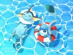  alopias animal_ears blue_fur closed_eyes closed_mouth fox fox_ears fox_tail glaceon highres open_mouth pokemon pokemon_(creature) pool swimmer swing tail uwu vaporeon 
