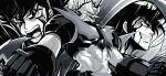  2boys arm_blade blood blood_on_face clenched_hands emphasis_lines ginga_no_kou greyscale grin highres kabuto_kouji male_focus mazinger_(series) mazinger_zero_(mecha) mecha monochrome multiple_boys open_mouth robot shin_mazinger_zero smile super_robot tsurugi_tetsuya weapon 