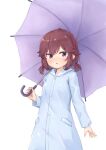  1girl blue_raincoat blush breasts brown_hair highres holding holding_umbrella kuramoto_takato looking_at_viewer machikado_mazoku open_mouth raincoat shiny shiny_hair short_hair simple_background small_breasts solo umbrella violet_eyes white_background yoshida_ryouko 