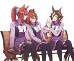  animal_ears aston_machan_(umamusume) bench bow bowtie brown_eyes brown_hair cellphone commentary daiwa_scarlet_(umamusume) hair_intakes hair_over_one_eye highres holding holding_phone horse_ears horse_girl horse_tail horseshoe_ornament hoyon long_hair long_sleeves looking_at_another multicolored_hair phone pleated_skirt purple_serafuku purple_shirt purple_skirt purple_thighhighs red_eyes sailor_collar sailor_shirt school_uniform serafuku shirt side_ponytail simple_background sitting skirt sleeping smartphone symbol-only_commentary tail thigh-highs tiara tracen_school_uniform twintails two-tone_hair umamusume vodka_(umamusume) white_background white_bow white_bowtie white_hair 