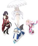  1boy 3girls ahoge arthropod_boy bikini blue_cloak braid braided_ponytail bug butterfly butterfly_wings cape cloak clothing_cutout collar cosplay crown diamond_hairband dragon_girl dragon_horns dragon_tail elizabeth_bathory_(fate) fate/grand_order fate_(series) frilled_bikini frilled_swimsuit frills fur-trimmed_cape fur_trim hephaestion_(fate) highres holding holding_umbrella horns insect_wings iskandar_(fate) iskandar_(fate)_(cosplay) lady_avalon_(fate) lady_avalon_(second_ascension)_(fate) long_sleeves lord_el-melloi_ii_case_files medium_hair merlin_(fate/prototype) metal_collar multicolored_wings multiple_girls ne_f_g_o oberon_(fate) parasol pink_hair puffy_sleeves spoilers stomach_cutout swimsuit tail twintails umbrella white_bikini white_hair white_umbrella wings 