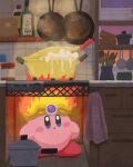  boiling bottle cooking cooking_pot evening fire fire_kirby frying_pan highres indoors jar kirby kirby_(series) kitchen miclot shelf spilling steam stove towel utensil window 