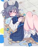  1girl animal_ears beads belt black_dress black_footwear bloomers blue_belt blue_capelet blush capelet closed_mouth coin dress gem grey_hair highres long_sleeves mouse_ears nazrin one_eye_closed red_eyes satomachi shoes short_hair socks solo sparkle tears touhou underwear white_bloomers white_socks 