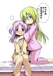  2girls alina_gray aqua_eyes bangs bed blunt_ends blush delraich66 green_hair hair_between_eyes highres hospital_bed hospital_gown hug long_hair long_sleeves looking_at_viewer magia_record:_mahou_shoujo_madoka_magica_gaiden mahou_shoujo_madoka_magica medium_hair misono_karin multicolored_hair multiple_girls open_mouth parted_bangs parted_hair purple_hair sidelocks simple_background sitting straight_hair streaked_hair translated two_side_up very_long_hair violet_eyes 