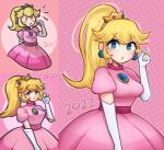 absurdres blonde_hair blue_eyes crown dress drfrogphd earrings gloves highres jewelry looking_at_viewer pink_background pink_dress ponytail princess_peach super_mario_bros. white_gloves 